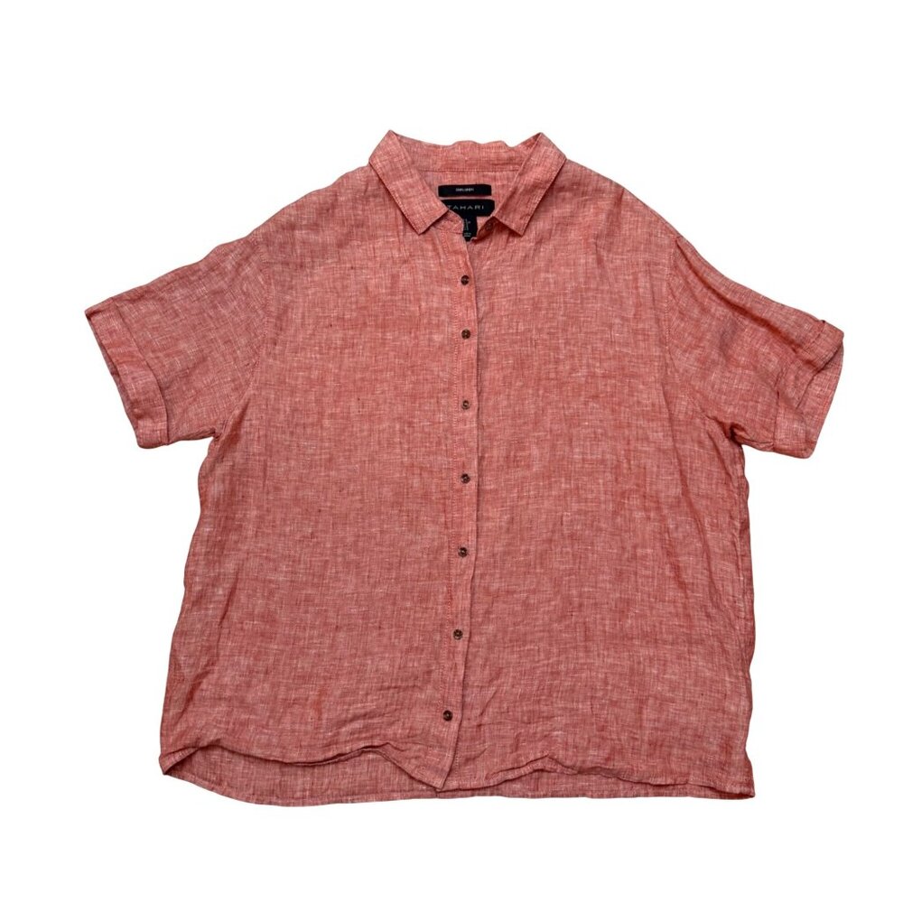 Tahari Women's Shirt Sz S Linen Coral Salmon Button Down Short Sleeve Collared